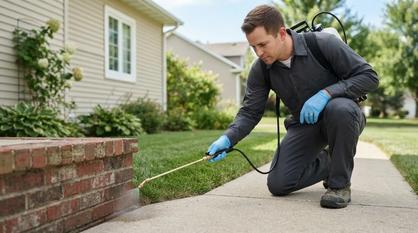 Pest control technician treating a home near Brownstown, IN