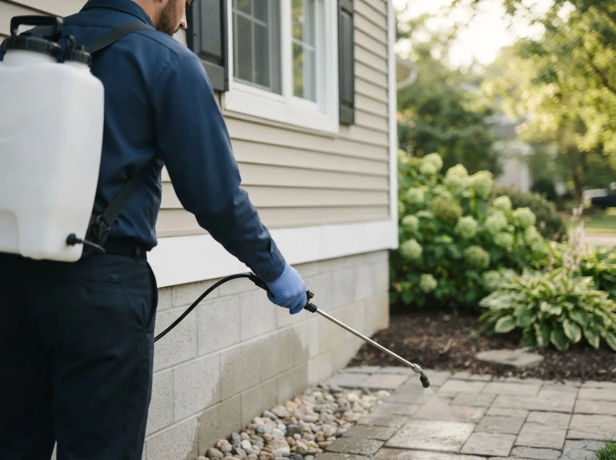 Pest control technician inspecting a home in Brownstown, IN